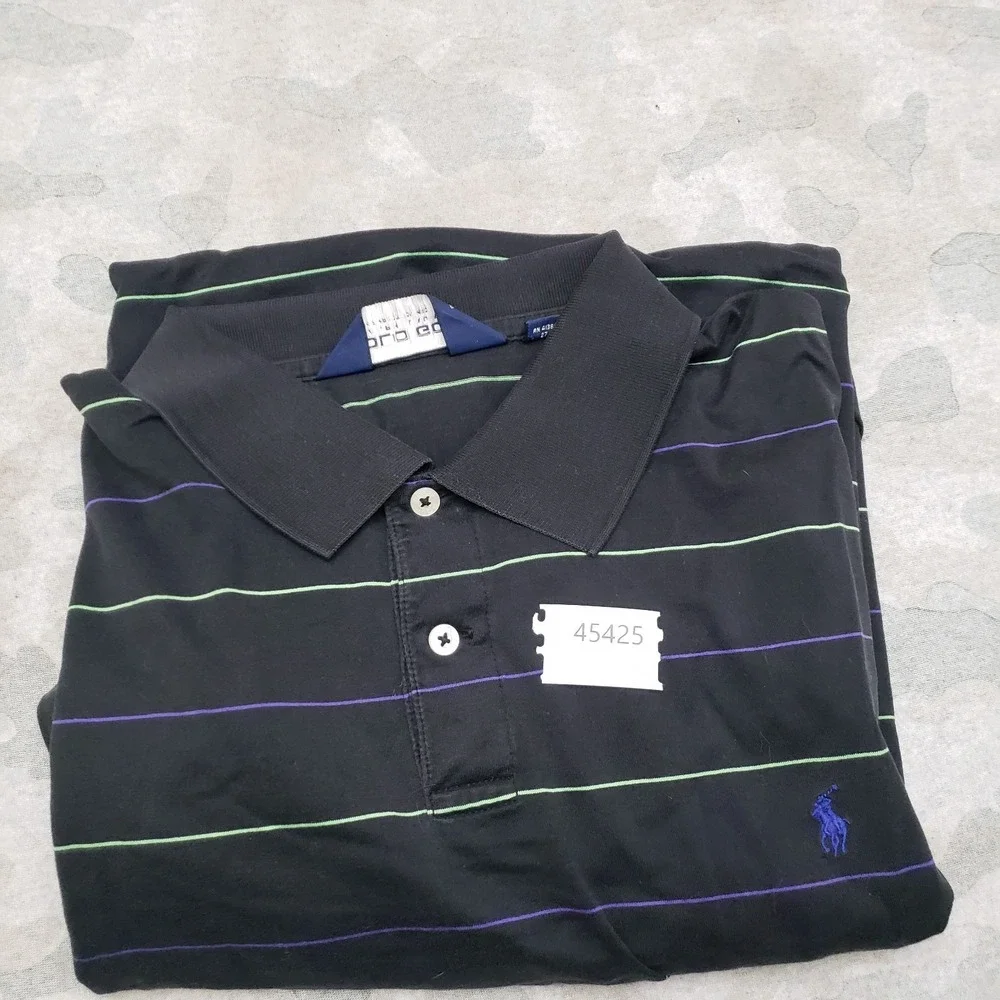 VTG Polo Golf Ralph Lauren Polo Shirt Mens XL Black Short Sleeve Striped Branded